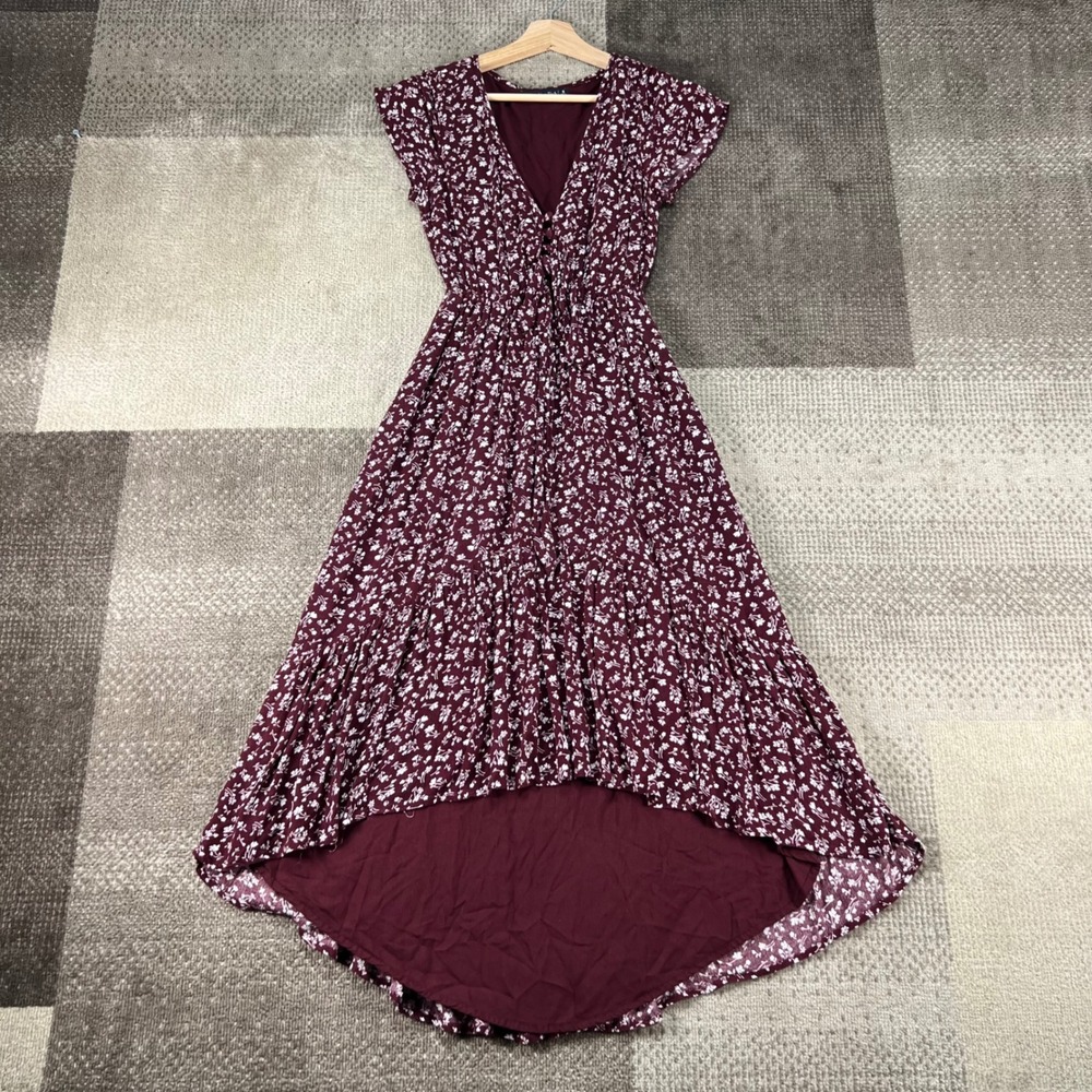 Abercrombie & Fitch Women Small Burgundy Floral High Low Maxi Dress V-Neck Boho